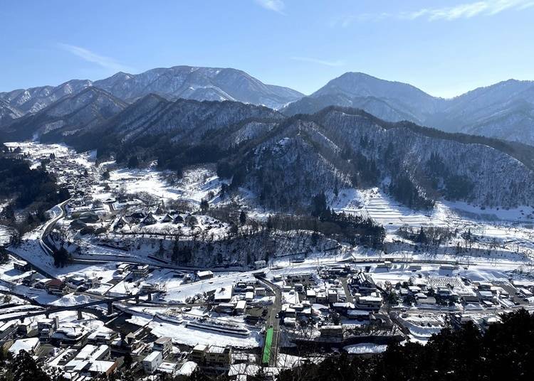 The mountain village of Yamadera as seen from Godaido