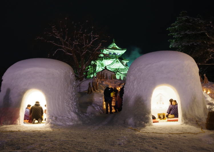 An awe-inspiring blend of illuminated castle tower and twin kamakura awaits your lens