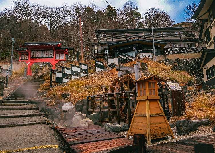 Zao Onsen town is dotted with hot spring-sourced waterways and charming retro features like this waterwheel. (Photo courtesy of Expedition Japan.)