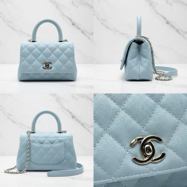 60 일 입하되었 샤넬 코코 핸들 미니 (19cm) 라이트 블루 캐비어 스킨 골드 하드웨어 2026.02.07 12:00  입하