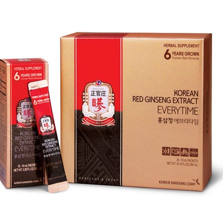 CheongKwanJang Made from 3g of Korean red ginseng extract in water, KRG Every Time is in a slender, convenient stick-shaped pouch,  perfect for mixing into water bottles or drinks on-the-go. Easy to carry, it is truly a ginseng product to take anytime.