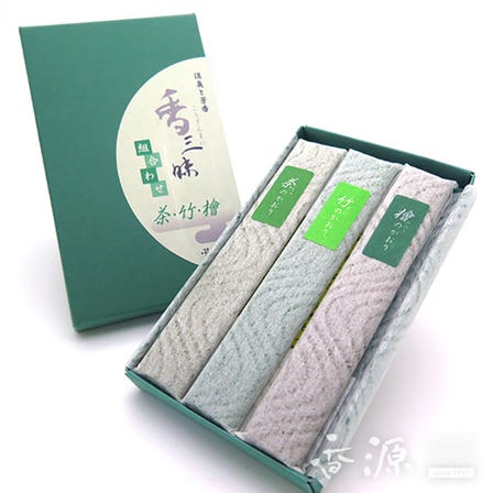 香三昧は、檜・お茶・竹の日本古来の香りがお香になりました。

薫寿堂のお香　香三昧　茶・竹・檜