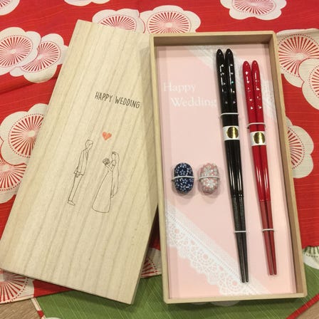 Wedding Gift Set: His & Hers chopsticks + matching rests, kept in a paulownia wood box, wrapped in Japanese-style furoshiki cloth