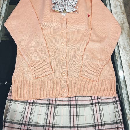 Wool cardigan, skirt, shirt, ribbon set