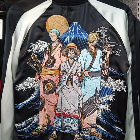 One Piece Threesome baseball jacket