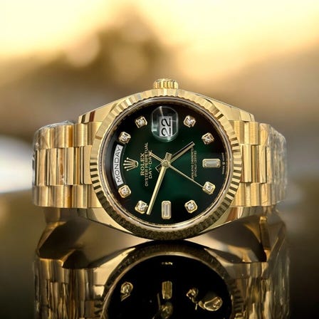 ROLEX 
 Day-Date 36

  The watch is made from 18k yellow gold and is available in two different colors.
 k18 yellow gold
 Approx. 36.0 mm
New
 Green oblong dial
 Diamonds
 International Guarantee, Genuine Box, Instruction Manual

 Inquiry Item