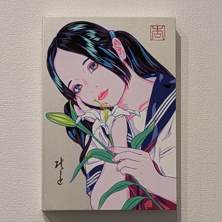 Hiroto Anzu  
“lily and the girl” (2025)
Acrylic Gouache 
artwork size: SM, 22.7cm x 16.0cm
＜currently on display＞