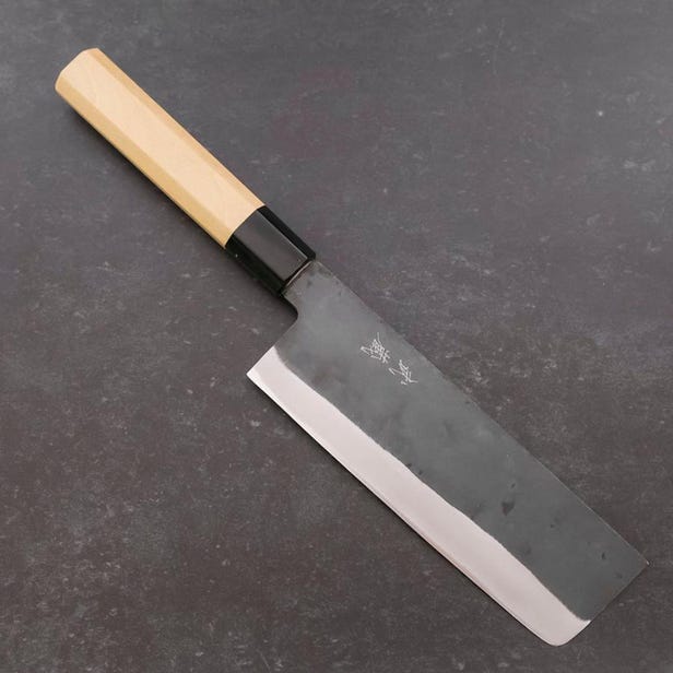 菜切 青紙一号ステン割込み 黒打 水牛朴木柄 165mm