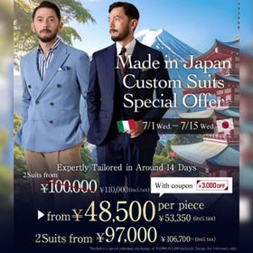 Experience Authentic Made-in-Japan Bespoke Suits
Get two fully custom-tailored suits crafted in Japan &mdash; delivered in just 2 weeks.
Limited-Time Early Bird Offer (Until July 31th)
Regular price: from &yen;100,000 (excl. tax) for 2 suits
&rarr; &yen;97,000 (excl. ta