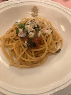 白身魚とオリーブ、ドライトマトのペペロンチーノ　スパゲティ