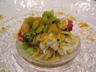 タラバ蟹　ブロッコリーと茶豆のタリオリーニ