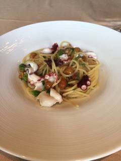 真ダコとなめこ、青唐辛子のペペロンチーノスパゲッティ　生姜の香り