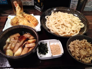 肉ネギつけ汁うどん＋野菜天ぷら＋かやく御飯＋お新香