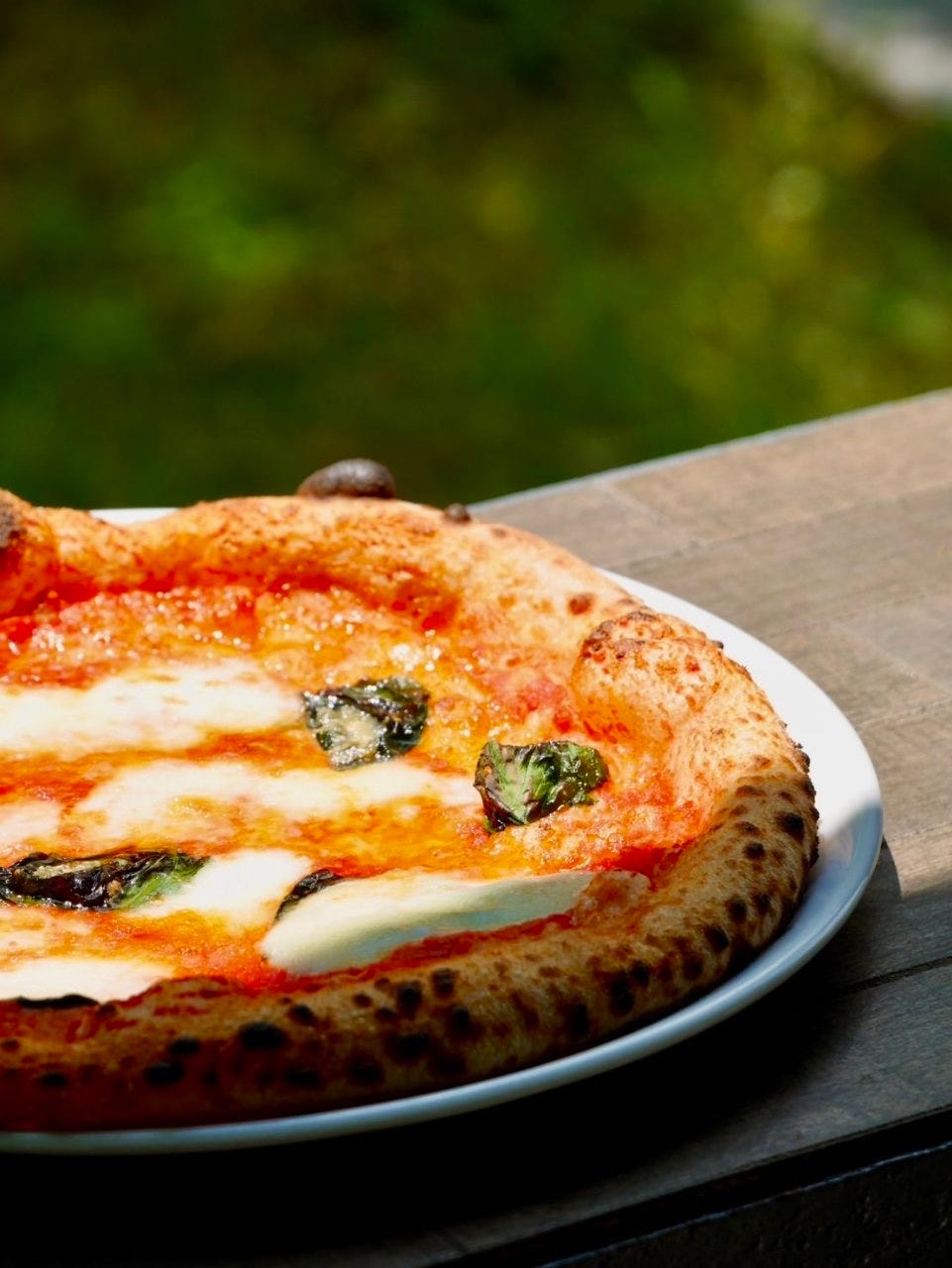 テラス席に置かれた白い皿にのったマルゲリータピザ