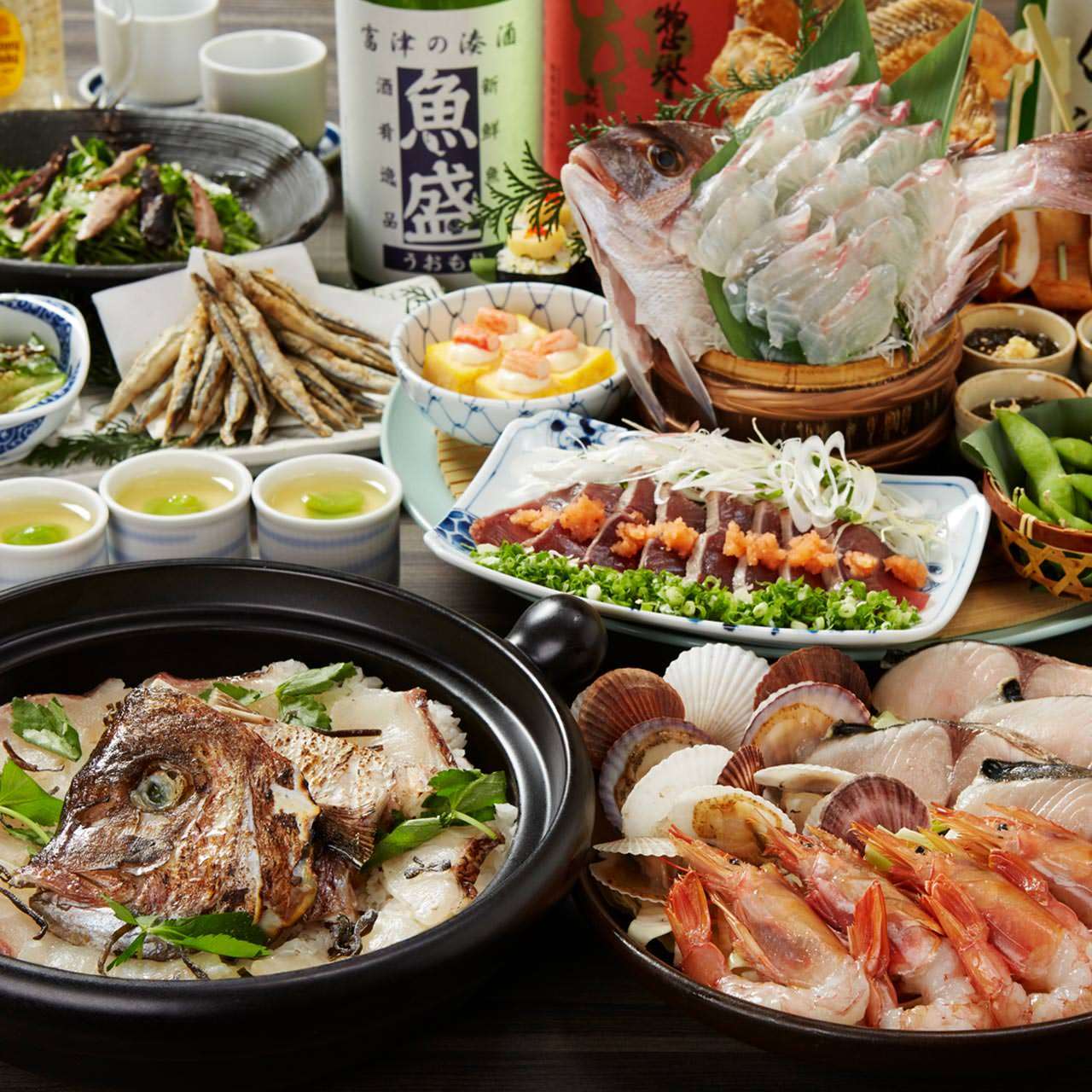 飲み放題付4500円 鯛姿造り入り大漁盛り 海鮮陶板蒸し 鯛土鍋ご飯 の宴の詳細 魚盛 有楽町電気ビル店 有楽町 日比谷 居酒屋 ぐるなび