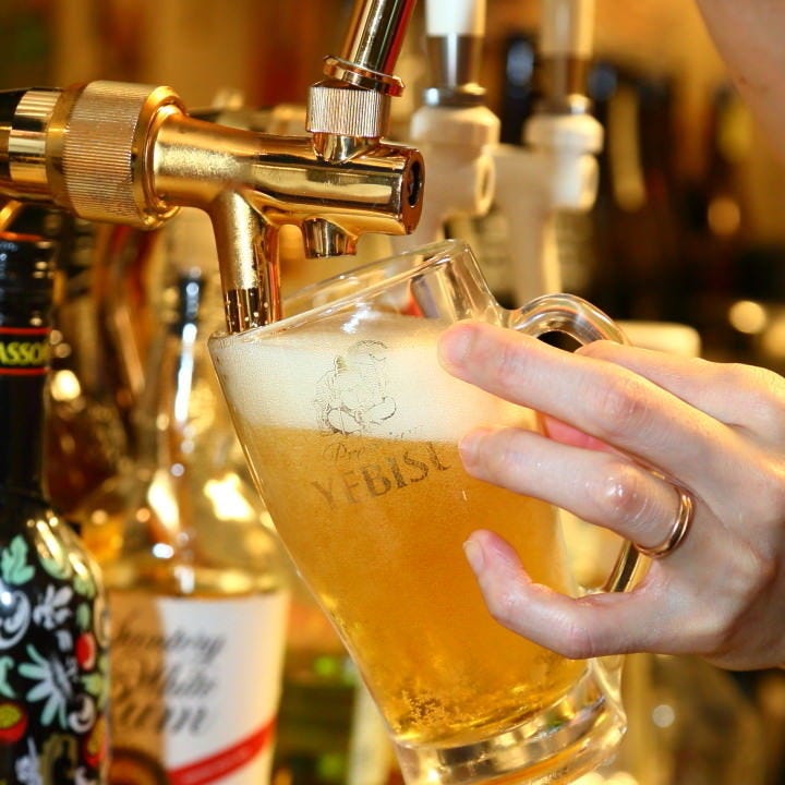 生ビールはヱビスビールを使用。芳醇な風味を味わって。