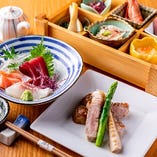 旬食材をたっぷりと盛り込み、天ぷらやまんじゅう仕事、茶碗蒸しに自家製二八そばといった、和の趣を存分にご堪能いただける、お昼の「祇園」コース。