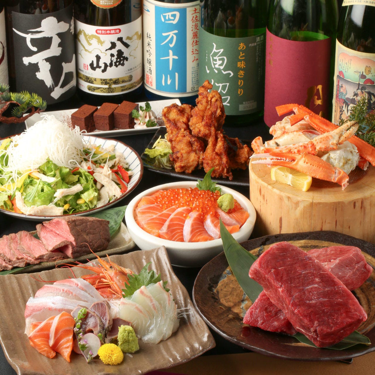カニ食べ比べ 牛ステーキ ローストビーフ食放題 堪能コース 3時間飲み放題付 金土祝前2時間制の詳細 個室 北海道 魚均 岡山駅前店 岡山市 居酒屋 ぐるなび
