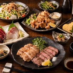 【個室居酒屋】 団欒 ～だんらん～ 仙台一番町店_お造り2種盛りに旨辛豚バラ鉄板焼きor2種肉のステーキ★【特選コース】2.5時間飲み放題 9品 4,500円