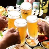 名古屋コーチンや三河どりなど、地元の夢素材が彩る忘新年会！まずは生ビールで乾杯！