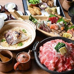 和彩旬彩 うおまん 尼崎キューズモール店_《飲み放題付》海鮮舟盛りと豚の陶板焼きの名物鯛めしコース