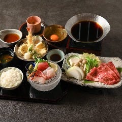 和彩旬彩 うおまん 尼崎キューズモール店_お造りと天婦羅、近江牛のすき焼き御膳