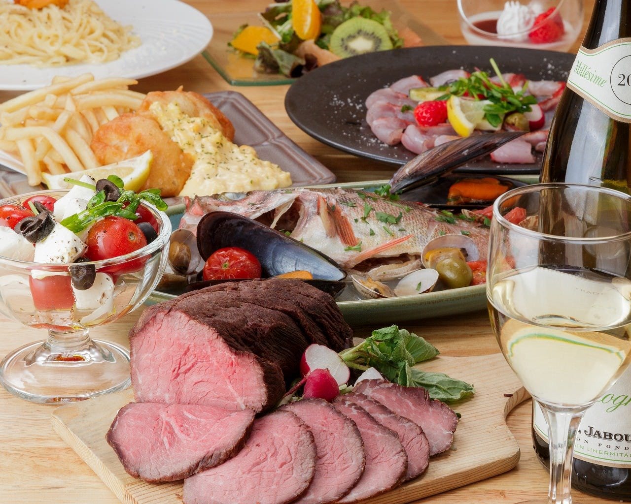 自家製ローストビーフ食べ放題 ガッツリならこちら The1502ローストビーフコース 飲み放題込みの詳細 魚介と白ワイン The1502 草津 南草津 イタリアン イタリア料理 ぐるなび