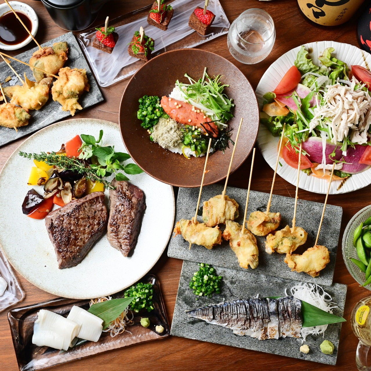 愛知のブランド肉と串揚げ、海鮮料理が楽しめるコース5,500円～