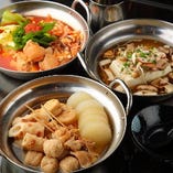 『梅』コースでは、三種の選べる鍋「讃岐おでん鍋」「色々キノコの湯豆腐」「トマトラー油のピリ辛トマト鍋」をご用意