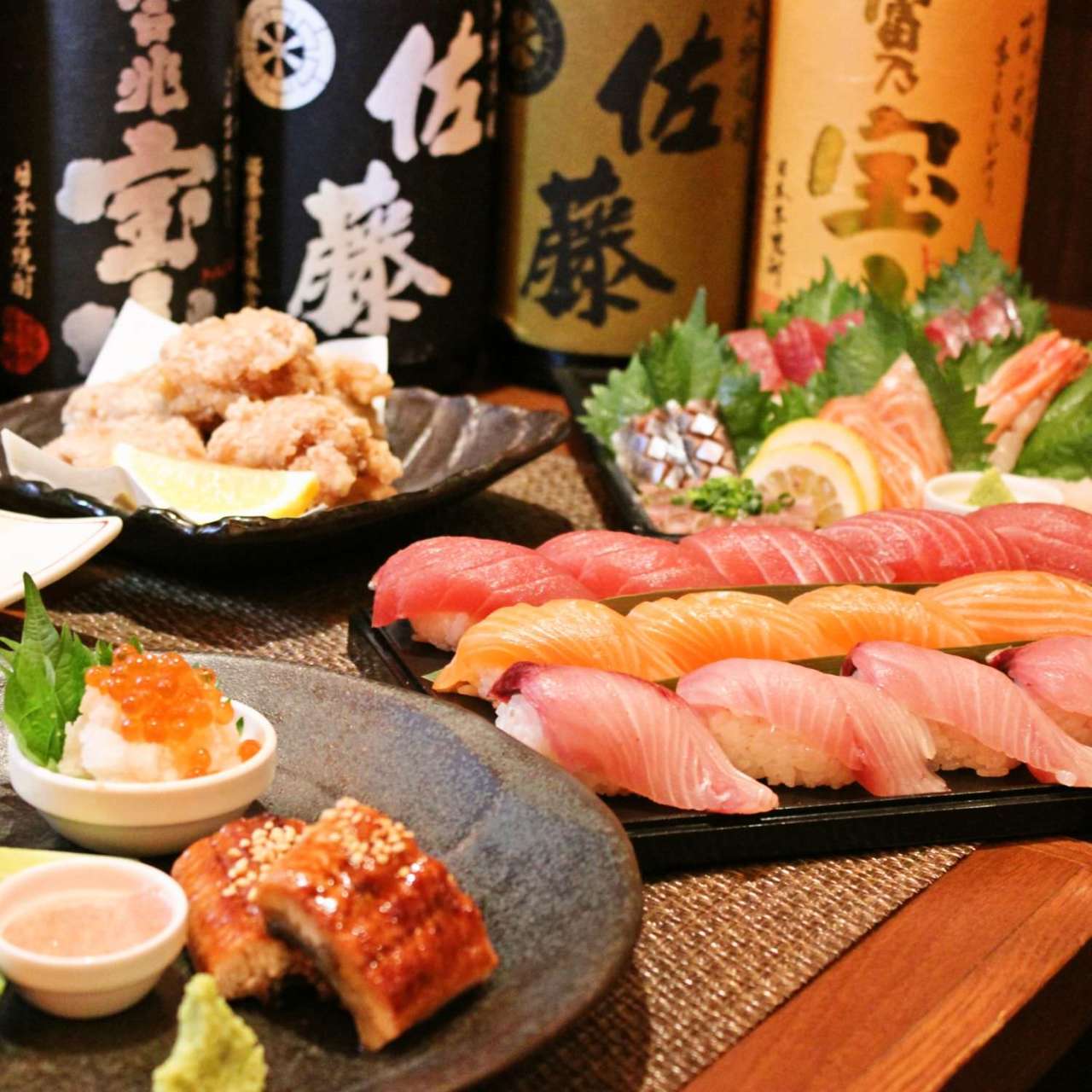 【昭和レトロ】東海道五十三次猫足膳×5枚セット③Japanese meal② 海鮮居酒屋 まんげつ 五反田店 すしと刺身（五反田/居酒屋） - 楽天