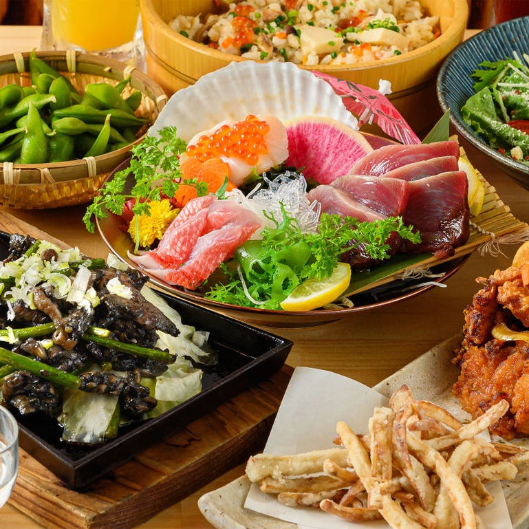 全室個室居酒屋 鉄板料理 風月_【2時間飲み放題付】『楓コース』5,000円 季節の刺身3種盛り合わせ、季節の炊き込みご飯付 7品!鍋無し