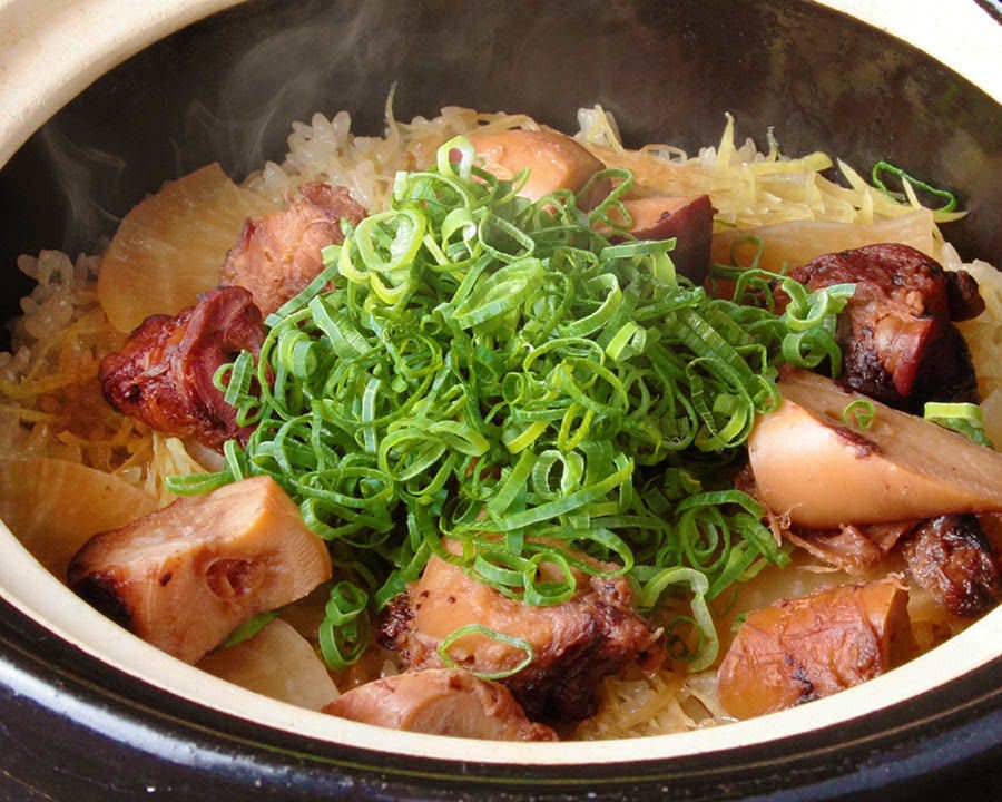 ごろごろした具材と青ネギがかかった炊き込みご飯