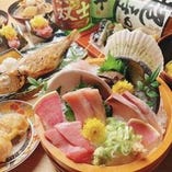 【ハチベエ宴コース】季節の野菜と旬の鮮魚、大トロサバの一本焼きなど全8品