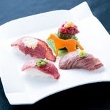 馬肉の肉寿司♪色んな部位を同時に楽しむことができます。口の中でとろける馬肉の旨味を味わってください。