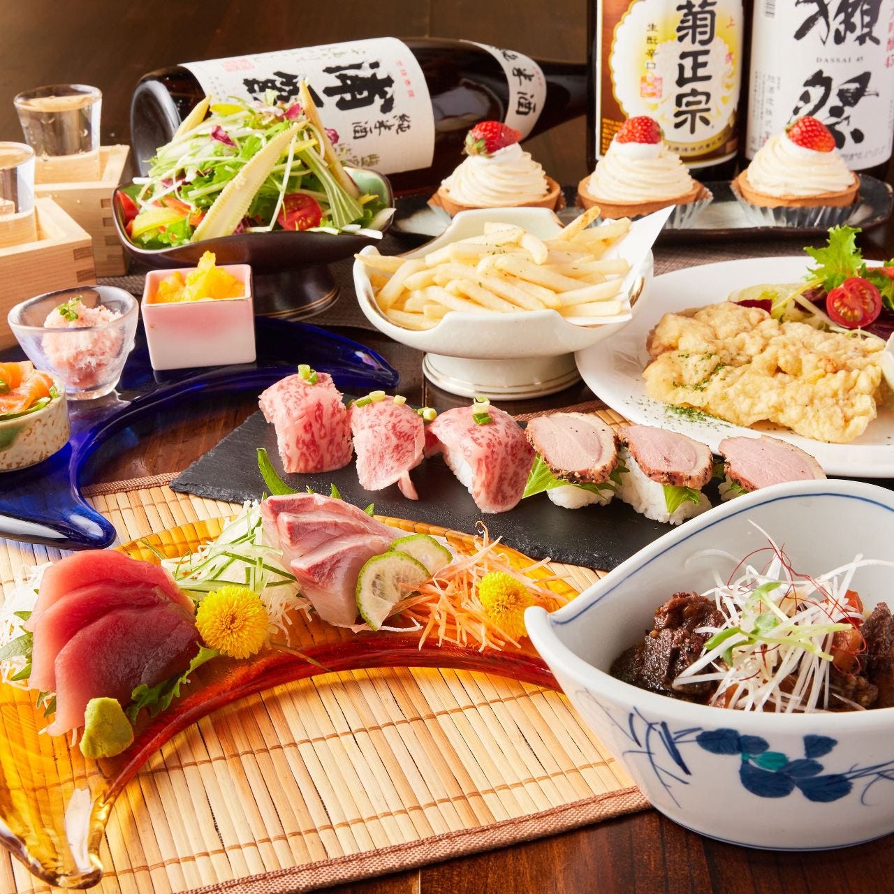 3h飲み放題付 鮮魚のお刺身 牛すじ煮込み 鴨肉炙り寿司など全7品 職人の和創作コース 3500円の詳細 ごちそう個室居酒屋 海幸山幸たまて箱 新宿店 新宿 居酒屋 ぐるなび