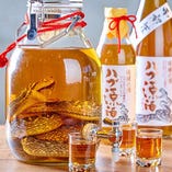 ブランデーのような味わいのハブ酒。ハブが入ったボトルは圧巻！