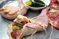 新鮮な大山鳥に詰め物をし、スモーク、低温調理.....。