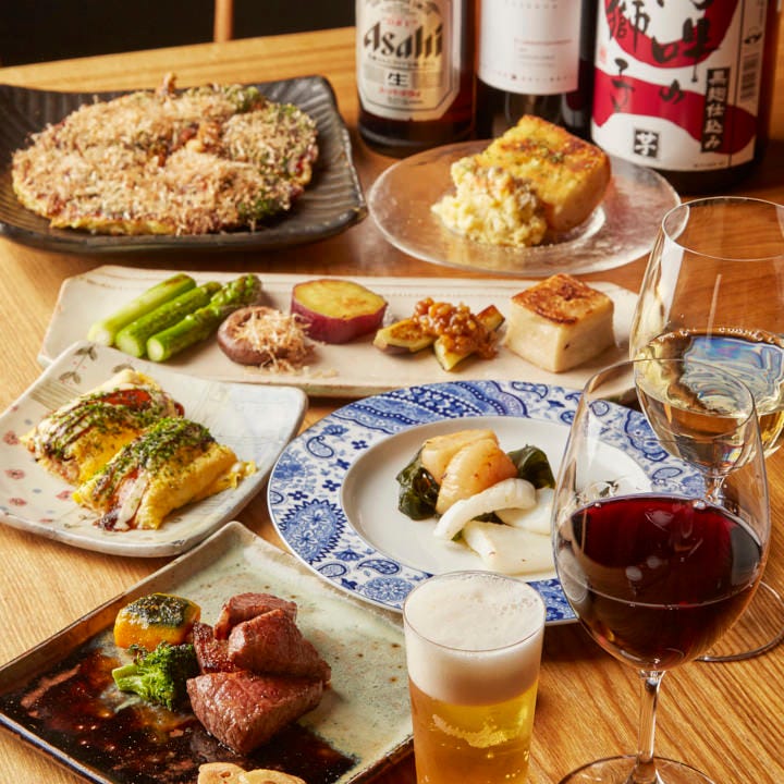 個室確約 2h飲み放題付 お昼の凛コース 9品 和牛に3種の前菜 お好み焼など名物色々 昼の接待 宴会の詳細 神楽坂 Osaka きっちん 神楽坂 鉄板焼き ぐるなび