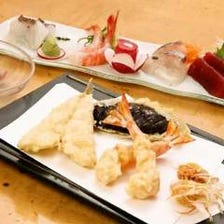 《Aコース》刺身盛り合わせと天ぷら全8種（巻き海老、小柱または海老のかきあげ等）小鉢・デザート付