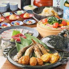 虎連坊 ヒルトンプラザウエスト店_夏≪日本酒５種飲放題付≫楽　鮎とアスパラつくねの吟醸焼き×黒豚セイロ蒸しと夏味覚コース