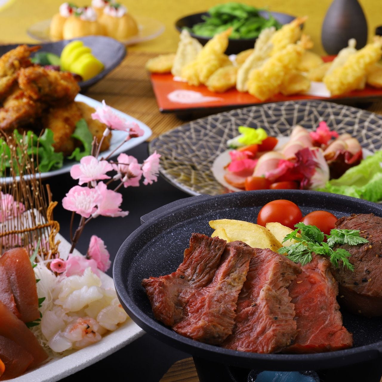 4月 吟楽コース 飲み放題3h 料理9品 牛ステーキ 春野菜の天ぷら盛り合わせの詳細 天王寺全室個室 和食とお酒 吟楽 Ginraku 天王寺店 天王寺 阿倍野 居酒屋 ぐるなび