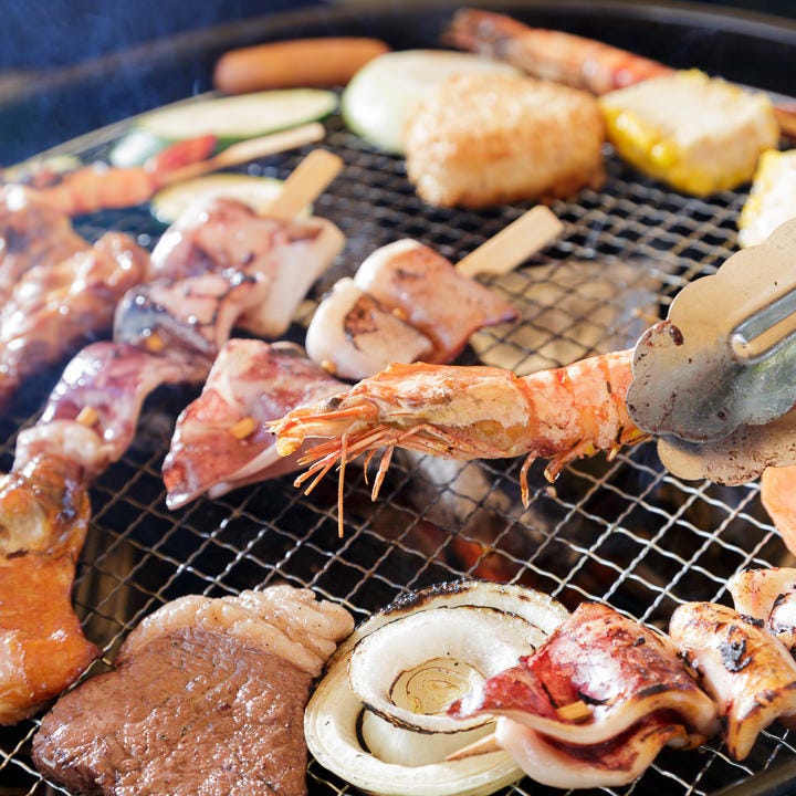 海の幸bbqイカ 有頭海老 サバ串 ボイルホタテ ポークウインナー 焼おにぎり 野菜4種の 海鮮セット の詳細 Good q 大泉緑地 なかもず 深井 北野田 バーベキュー ぐるなび