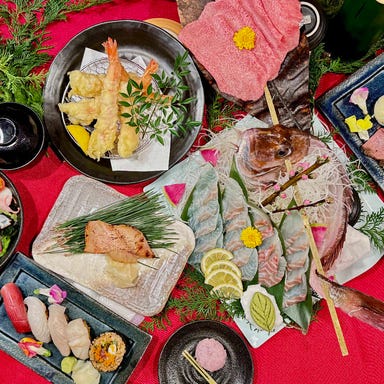 海鮮居酒屋 赤富士_2時間飲み放題付『朱の膳コース』赤酢握り寿司を満喫◎おまかせ握り4貫、和牛朴葉焼など