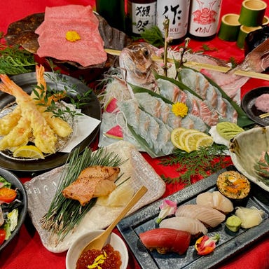 海鮮居酒屋 赤富士_2時間生ビール込みの飲み放題付『金の膳コース』贅沢に寿司宴会!上握り4貫を含む全12品の彩りあるコース