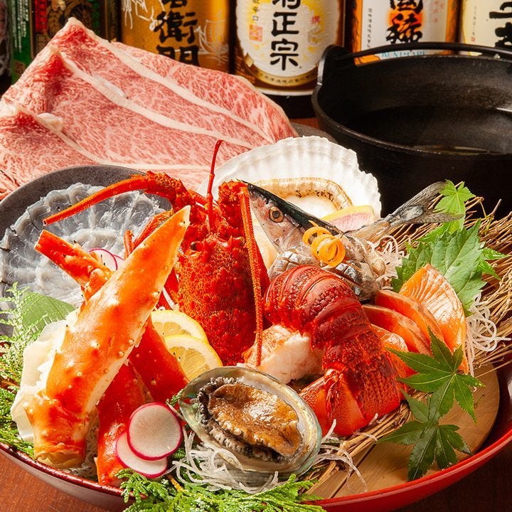 タラバ伊勢エビふぐアワビ刺身と霜降り和牛すき鍋コース 9品150分飲放6000円 5000円の詳細 海鮮個室酒場 伊まり 狸小路駅前店 札幌すすきの 海鮮 海鮮料理 ぐるなび