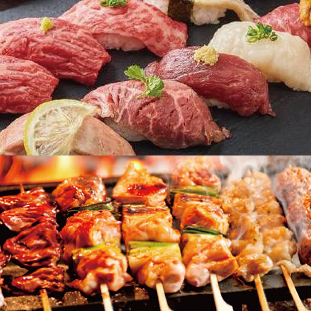 最大100品 肉寿司 3時間飲み放題付 日向地鶏焼鳥 肉寿司食べ放題コース 3480円 の詳細 全席個室 九州地鶏居酒屋 肉寿司 焼鳥食べ放題 炭鶏 新宿店 新宿 居酒屋 ぐるなび