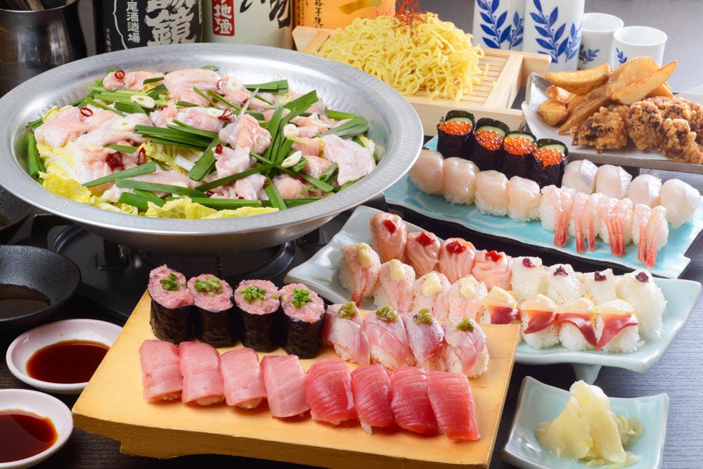 W食べ放題 豪華握り寿司 もつ鍋食べ放題 日本酒50種付1分飲み放題 6000円 4500円の詳細 江戸前寿司食べ放題と日本酒bar ふらり寿司 名古屋駅はなれ 名駅 居酒屋 ぐるなび