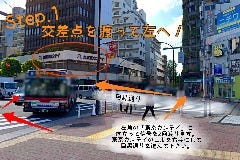 『ステップ1：交差点を２回渡って左へ！』
目黒駅、西口を出たら右へ、線路沿いに進むと目黒通りに出ます。
左側に見える「東京カンテイ」に向かうイメージで、
交差点を２回渡り、目黒通りを左に進んで下さい。