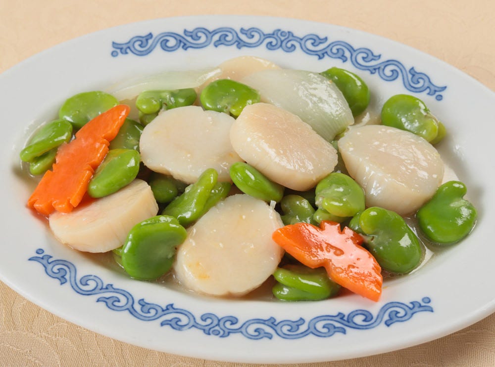 ◆季節限定◆＜蚕豆炒鮮貝＞北海道産ホタテ貝とそら豆、新玉ネギの炒め