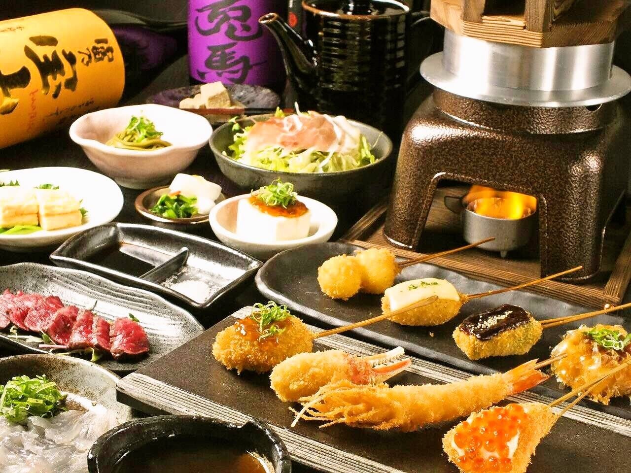 串カツや一品料理、釜めしが並ぶ「ぎん庵」の「レディース・串揚げ釜めしコース」